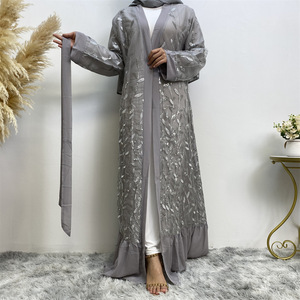 Nuovo prodotto di vendita a caldo Cardigan di temperamento di pizzo da donna di moda mediorientale con ricamo a foglia di Abaya musulmano con paillettes Rob - Product Image 3