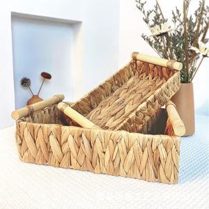 Panier de rangement rectangulaire minimaliste fait main en jacinthe d'eau et paille, plateau de rangement en osier pour la décoration de la maison et de la cuisine - Product Image 3