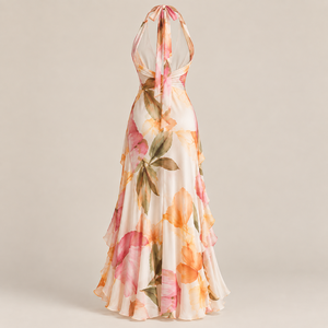 Vestido Largo Halter con Estampado Floral, Espalda Descubierta, Dobladillo con Volantes, Corte en A, Sin Mangas, Elegante, para Vacaciones o Eventos Formales - Product Image 2