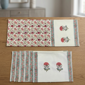 Ensemble chemin de table et tapis à motifs floraux imprimés à la main |   7 pièces de décoration de table en tissu 100% coton pour la maison et la salle à manger - Product Image 2