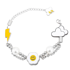 Pulsera de acero de titanio con perlas de dibujos animados y dije de cara sonriente con nube y rayo, joyería para uso diario - Product Image 5