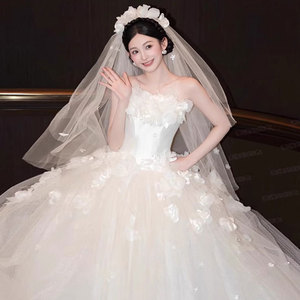 Wedding Dress Ball Gown Strapless Tulle Floral Print Floor Length Natural Waistline - Product Image 1