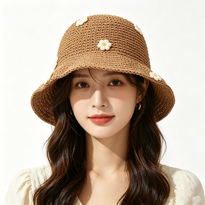 Sombrero de Pescador Tejido a Crochet para Mujer, Diseño a Rayas con Flores 3D, Transpirable, para Verano, Pesca, Viajes y Uso Casual - Product Image 1