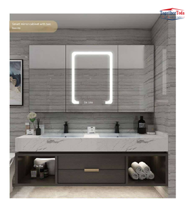 Conjunto de Muebles de Baño de Estilo Minimalista con Encimera de Piedra Sintética, Lavabo Doble Integrado y Gabinete con Espejo LED - Product Image 4