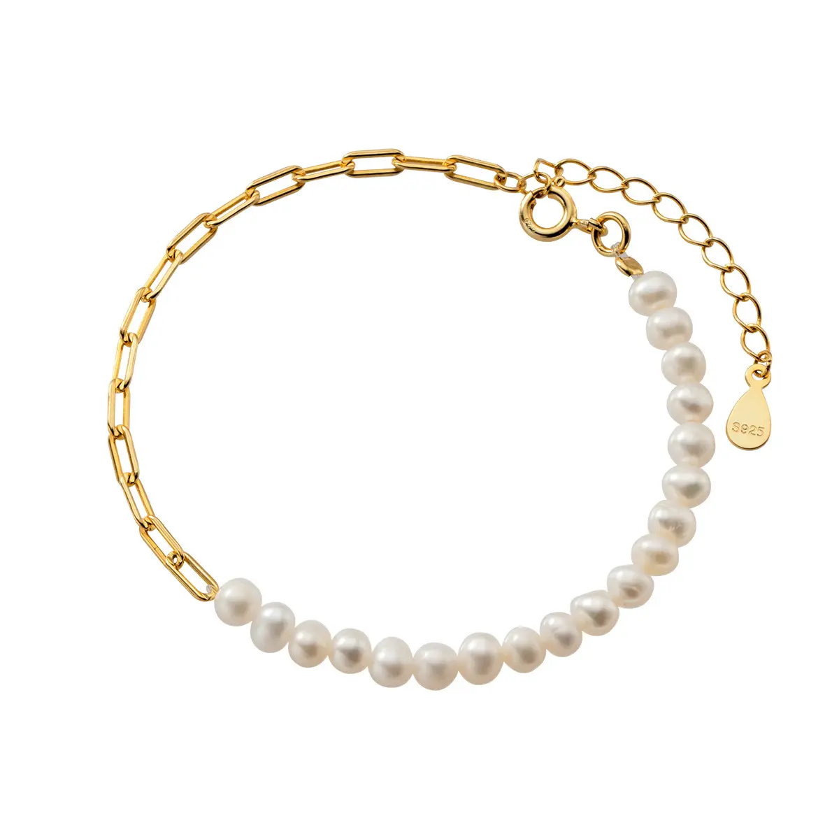 Gioielli di moda 925 in argento sterling bracciali di perle naturali perle reali catena di graffette placcati in oro per le donne