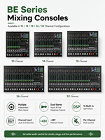 Console audio professionnelle BE-14 14 canaux avec alimentation fantôme +48V, 16 effets DSP, Bluetooth, lecture USB pour ordinateur, idéale pour la scène