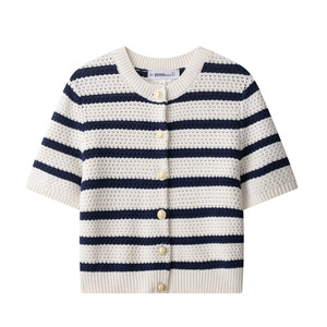Cárdigan de Punto de Manga Corta a Rayas con Textura Simple, Informal y a la Moda para Mujer, Primavera-Verano - Product Image 1