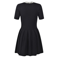 Robe tricotée noire pour femme, col rond, motif fleur de perle à la française, taille haute, manches courtes, coupe trapèze plissée