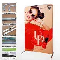 Stand backdrop kain lipat portabel 8ft*8ft, rangka aluminium stainless steel, cetak CMYK, tahan api, ringan