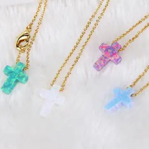 Fashion jewellery manufacturers silver chain custom synthetic blue opal cross charms pendant necklace