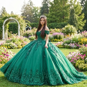 Lsmc140 Elegant <b>Emerald</b> Quinceanera Gown Boat Neck Corset Sparkly Organza Floor-Length Ball <b>Dress</b> Lace Applique Party for - Product Image 1