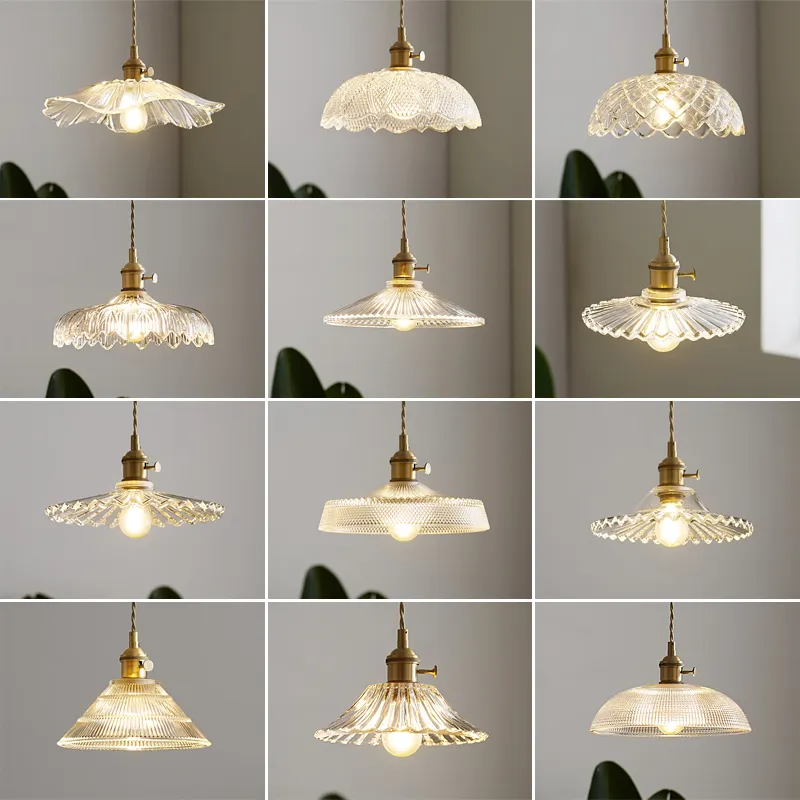 Vintage glass crystal pendant light Walnut wood chandelier Homestay flower bud lamp loft Vintage brass glass pendant lamp