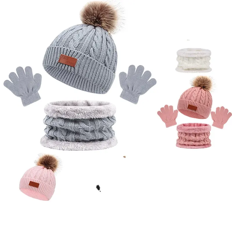 2024 new zjm New Arrival Winter Warm Knit Beanie Hat Unisex Kids Girls Knitted Set Hat Scarf 3 Piece Set Cute