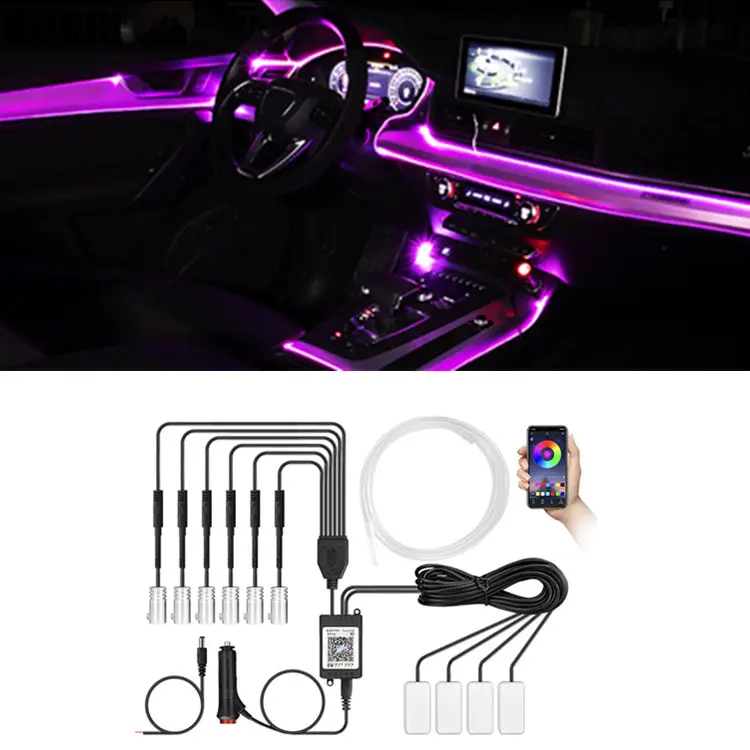 Tira de luz de fibra óptica ambiental para Interior de coche con luz de pie de coche, lámpara de música RGB, luces decorativas interiores automotrices