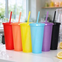 Gobelet en plastique PP monocouche à effet de couleur changeante, réutilisable, avec paille scintillante, pour l'été et les fêtes quotidiennes, directement de l'usine