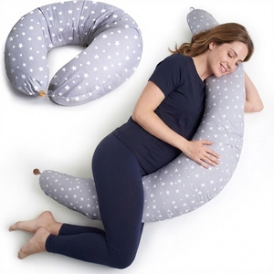 Oreiller de <span class=keywords><strong>grossesse</strong></span> et d'allaitement - Conception 2-en-1 avec une housse 100% coton, lavable en machine, gris avec étoiles blanches - Product Image 1