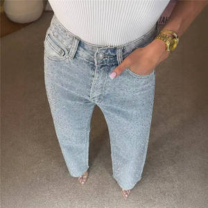 Jeans Dritti da <span class=keywords><strong>Donna</strong></span> <span class=keywords><strong>con</strong></span> Diamanti <span class=keywords><strong>Pantaloni</strong></span> Elasticizzati a Vita Alta Lavaggio Usurato <span class=keywords><strong>con</strong></span> <span class=keywords><strong>Tasche</strong></span> Denim Vintage Streetwear <span class=keywords><strong>Pantaloni</strong></span> Femminili - Product Image 3