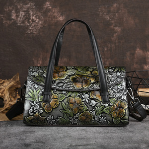 Ando <b>Bag</b> Vintage Floral Embossed <b>Genuine</b> Cowhide <b>Leather</b> Top Handle Satchel Shoulder <b>Bag</b> for Women - Product Image 4
