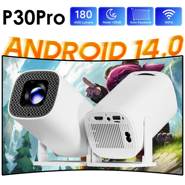 P30PRO Smart Mini Projector Android 14 WiFi6 BT 5.0 Support 4K 1280*720P Smart Home Cinema Outdoor Portable Projector H723