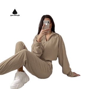 Felpa da <span class=keywords><strong>donna</strong></span> in <span class=keywords><strong>cotone</strong></span> verde con cerniera a 1/4, collo alto, casual, taglie forti, modello crop - Product Image 3