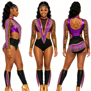 Costume da Majorette Personalizzato con Frange di Strass <span class=keywords><strong>Leopardati</strong></span>, Maniche Lunghe e Ritagli, per Competizioni di Danza OEM - Product Image 2