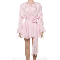 2025 quotidien Commute rue Robes femmes Chic col rond manches évasées à lacets Mini robes doux rose 3d fleur à volants ourlet robe