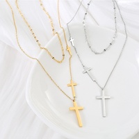 Collier ras-de-cou unisexe en acier titane à mailles fines, double couche, motif croix rouge et diamant, style bambou, sportif, style Mori, polyvalent, idéal pour un cadeau