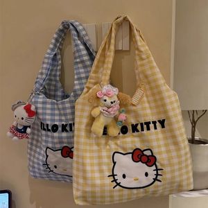 Reusable Canvas Tote <b>Bag</b> with Plaid Print Custom Logo Eco Friendly Handbag for Students and Travel - Product Image 3