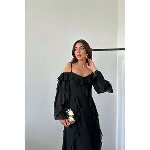 Robe de soirée en mousseline de soie noire à volants en gros - Product Image 3