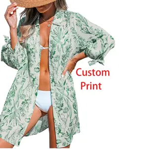 2024 Hawaii Wear Custom Print Rayon Casual Round Bottom Summer Tee Shirt Dress Women Button Down Dress