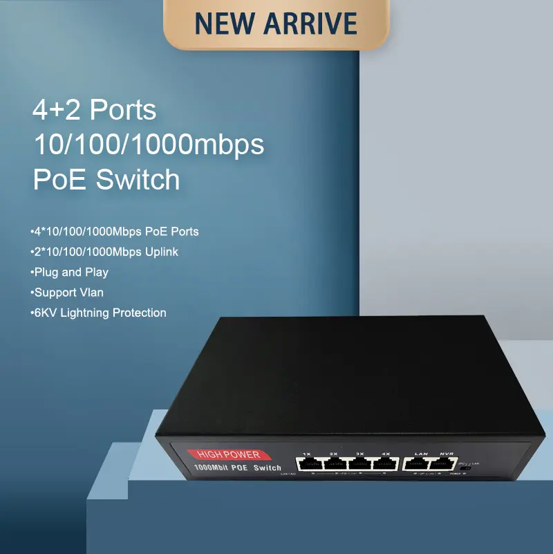 Comutador Ethernet gigabit 1000Mbps 4 portas PoE 10/100/1000M PoE + 2 Portas Uplink Ethernet Switch para Câmera IP