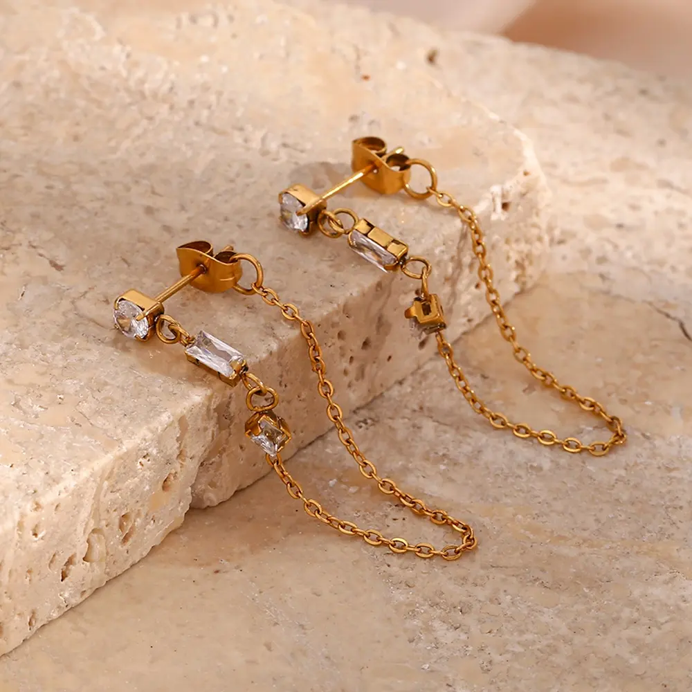 Luxury Shining Crystal Round Square Zircon Dangle Earrings Stainless Steel Chain Earring Gold Plated Jewelry
