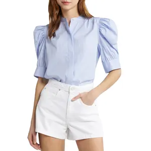 Summer Fashion Women Custom Short Puff Sleeves Shirt Top Stripe Cotton Button-Up Casual Ladies Blouse