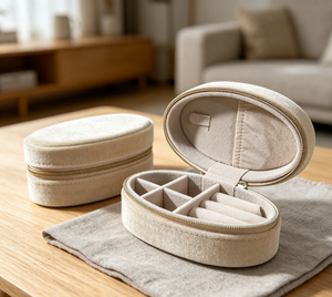 Boîte en velours blanc crème faite à la main haut de gamme avec paillettes, fermeture magnétique dorée, plusieurs compartiments, doublure en velours, petite forme ovale, élégante - Product Image 2