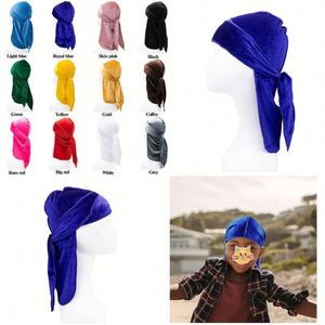 Velvet Kids Durags and Strap Headwraps Beanies Stretchable Luxury Wave Cap With Long Tail Wide Straps - Product Image 1