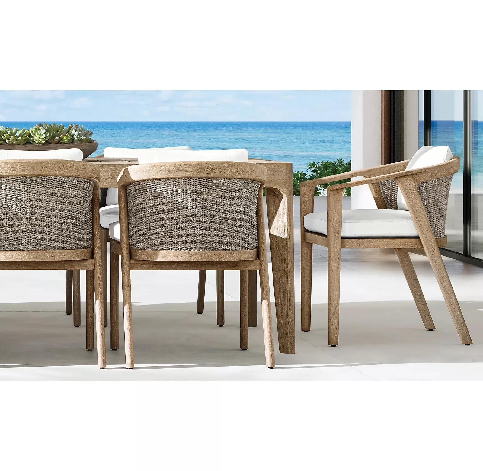 عالية الجودة فناء الفناء مجموعة حديقة الطعام الحديثة الخوص خشب الساج كرسي للاستعمال في المناطق الخارجية والجدول
