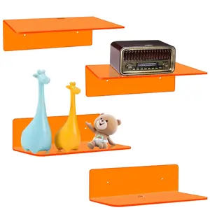 定制霓虹橙色浮动货架书玩具收藏品展示架简易安装亚克力壁挂货架