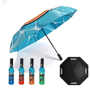 Verano solo personalizado impreso totalmente automático a prueba de viento tres plegables personalizado soleado lluvioso paraguas lluvia sol para la playa