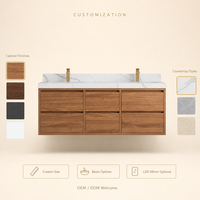 Meuble-lavabo mural double vasque avec plan en pierre frittée, vasque en céramique, armoire en placage de bois, luxe moderne