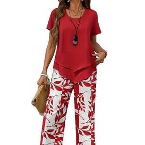 Elegante Conjunto Deportivo <span class=keywords><strong>de</strong></span> Verano para Mujer, Dos Piezas, Estampado <span class=keywords><strong>de</strong></span> Hojas Vintage, Culottes <span class=keywords><strong>de</strong></span> Cintura Alta y Blusa Holgada Asimétrica, Ropa Urbana - Product Image 5