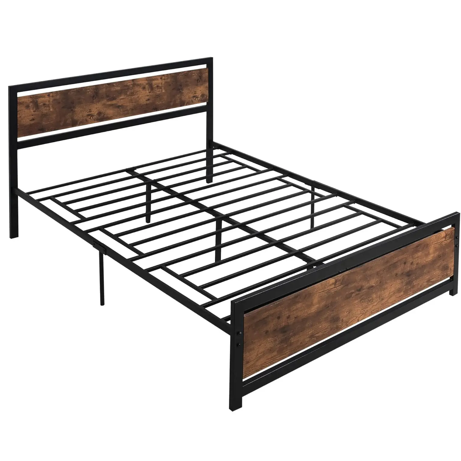 Queen Plateaubed Frame Met Hoofdeinde En Treeplank, Sterke Metalen Lattensteun Volledig Bedframe Met Onderbed Opbergruimte