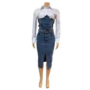 <b>Patchwork</b> Shirt Slit <b>Skirt</b> Women's Casual Denim 2-piece Set Fashion - Product Image 5