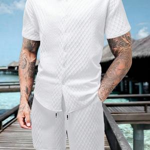ชุดเสื้อเชิ้ตแขนยาวและกางเกงขาสั้นผ้าวาฟเฟิลสำหรับผู้ชาย แบบ 2 ชิ้น สไตล์โปโล - Product Image 6
