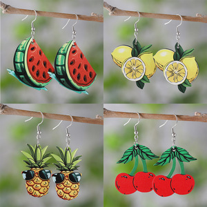 Pendientes de madera fruta sandía limón piña cereza colgante pendientes de doble cara para mujer Uionen 1098 - Product Image 5