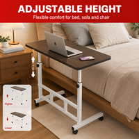 Table de lit réglable et extensible sur roulettes - Bureau mobile pour ordinateur portable, table d'appoint réglable en hauteur pour lit et canapé, plateau en bois MDF en forme de C