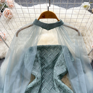 Frühling <span class=keywords><strong>Full</strong></span> Sleeve Solid <span class=keywords><strong>Mesh</strong></span> Freizeit kleid Frauen Hohe Taille Laterne Ärmel Mini A-Linie Kleid Damen Elegante Kleider Großhandel