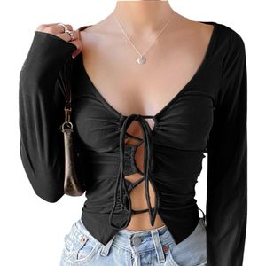 Elegante Top de Manga Larga con Cuello en V para Mujer, con Detalle de Lazo en la Parte Delantera, Tejido Suave de Spandex y Poliéster, para Salidas a Clubes, para Usar en Todas las Estaciones - Product Image 1