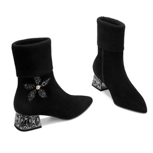 Moncheer-Botines de punto para mujer, botines de tacón de cristal con flores de ante para otoño e invierno, venta al por mayor, OEM y ODM - Product Image 1
