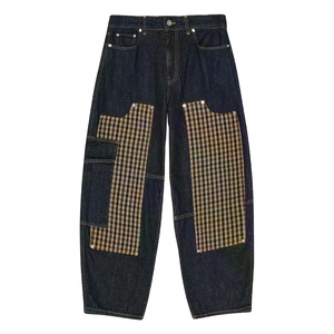 Dark Wash algodón Denim Y2K Punk Vintage contraste costura lateral utilidad bolsillo Unisex Plaid doble rodilla pierna ancha carpintero Jeans - Product Image 1