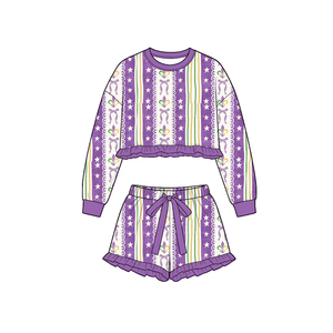 Preorder Girls Mardi Gras Print Long Sleeve Top Ruffle <b>Shorts</b> 2Pcs Set Boutique Outfit for <b>Toddler</b> Kids - Product Image 2